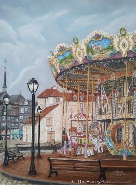 Landscape Pastel Painting of the Carousel at Honfleur Harbour, Normandy France in soft pastels - The Furry Rascals, Cyprus